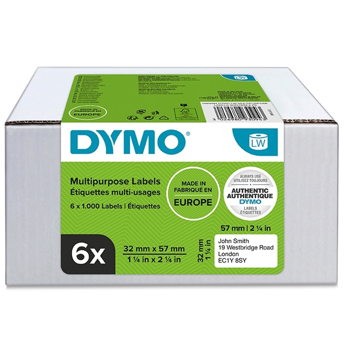 Етикети Dymo Multi 32 x 57 мм, свалящи се, бели, 6 x 1000 бр.