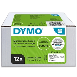 Етикети Dymo Multi 32 x 57 мм, отстраними, бели, 12 ролки по 1000 бр.