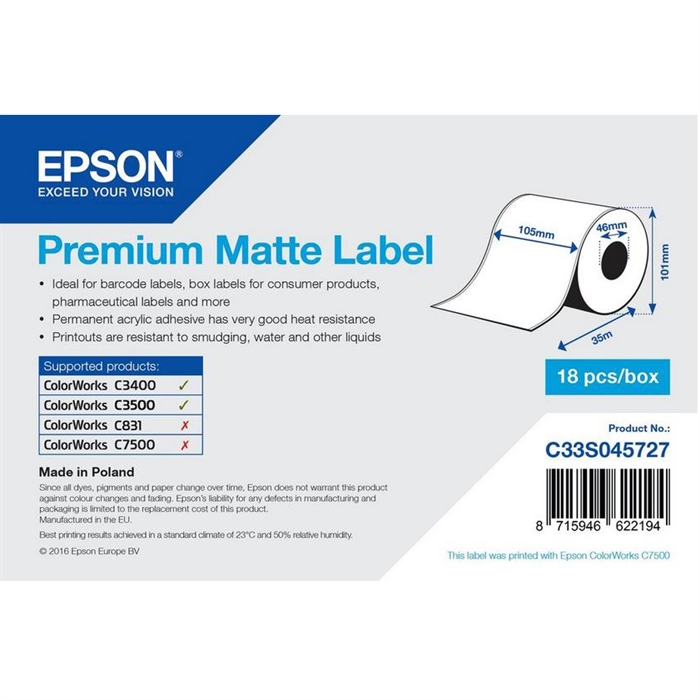 Epson Premium Matte Label - Непрекъснат ролър: 105mm x 35m