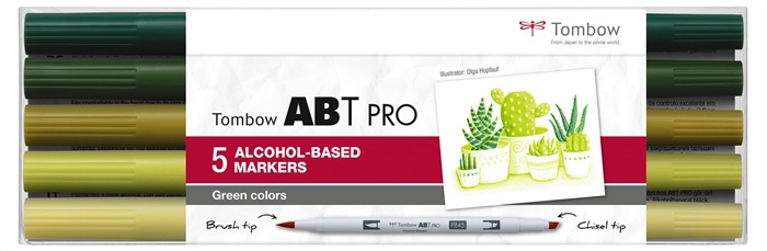 Маркер Tombow алкохолен ABT PRO с двойна четка 5P-5 зелени цветове (5)