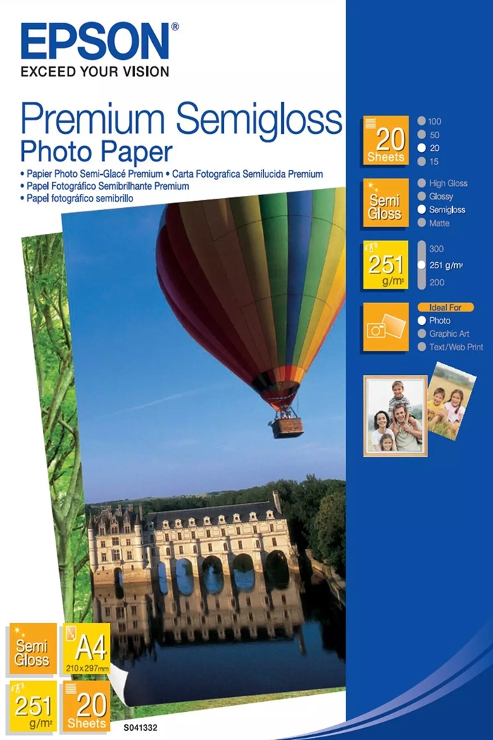 Фото хартия Epson A4 Premium Semigloss, 251 g/m², 20 листа