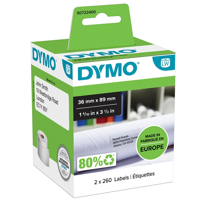 Dymo етикетиране на адреси 36 x 89 перм бели (2 x 260 бр.