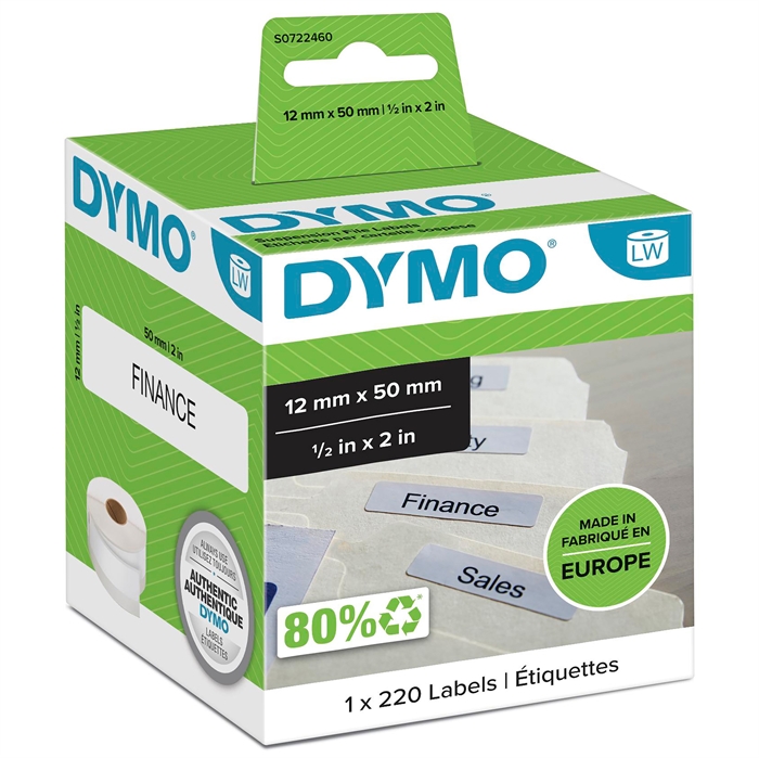 Dymo Етикет за висящи папки 12 x 50 перманентен бял мм, 220 бр.