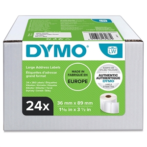 Етикети за адресиране Dymo 36 x 89 перманентни бели mm, 24 ролки от 260 етикета бр.