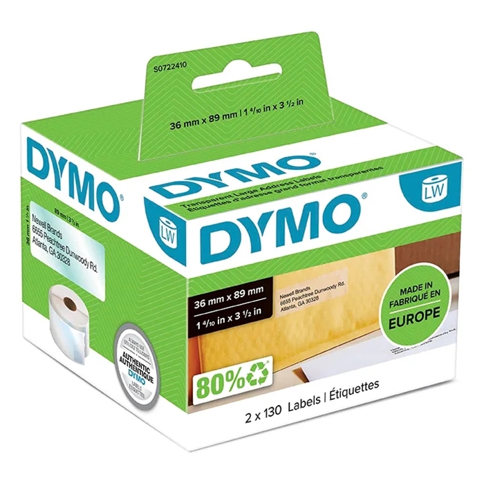 Dymo етикети за адреси 36 x 89 mm, постоянни, прозрачни, 260 бр.